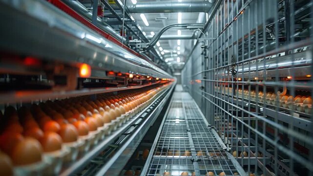 Eggs move efficiently along automated conveyor belts within a modern poultry farm's processing facility, leveraging farming technology and equipment for streamlined manufacture