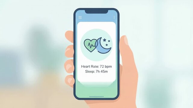 A mobile device shows a health app with metrics for heart rate and sleep duration. The screen displays relevant data for health tracking and monitoring applications