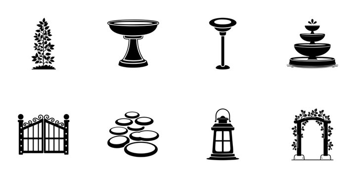 Garden Elements Icon Set In Hand Drawn Style. Outdoor Decor, Landscaping, And Garden Design Doodle Sketch Collection. Nature And Aesthetic Enhancement. Isolated Vector Illustration