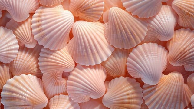 Aerial view of a collection of pastel pink seashells arranged closely together, filling the frame with a uniform texture and soft color