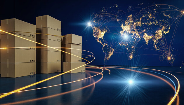 High impact concept showing shipping boxes with a global map and light trails symbolizing logistics and supply chain activities