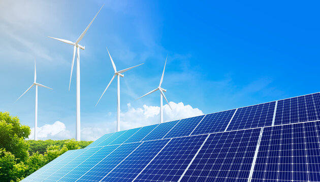 Solar panels with wind turbine on blue sky.clean and sustainable energy. Energy supply, distribution of energy, Power Plant, energy transmission. green technology for future