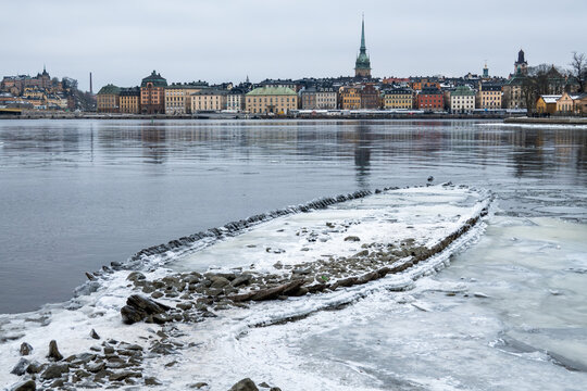 Stockholm, Sweden Due to low water levels in the frozen Baltic Sea, the skeleton of an old warship from the 1600s is exposed in the downtown near the Skeppsholmen and Kastellholmen islands.