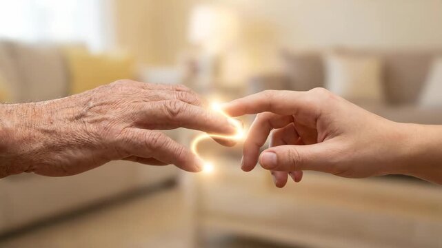 Elderly hand and young hand reaching out in a gestural representation of connection, care, and intergenerational support, highlighting the bond between different generations