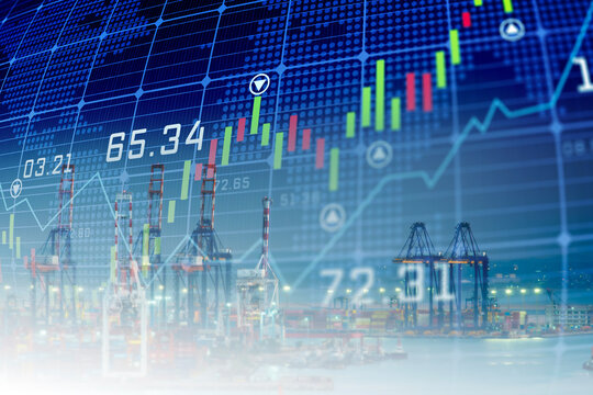 Digital displays show graphs and charts of financial stock market data, illustrating economic growth through maritime imports and exports.