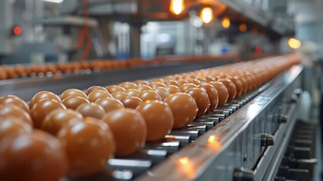 Fresh eggs roll along a conveyor belt inside a bright, bustling egg processing plant during the day, where strict agricultural quality control and packing protocols are implemented