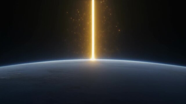 A breathtaking sunrise over the curved horizon of the Earth from space with a golden light beam