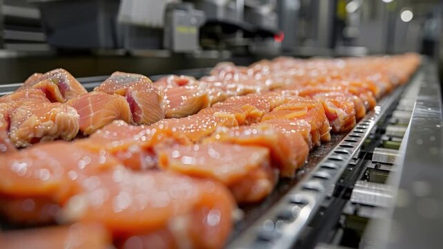 Fresh salmon fillets are meticulously aligned on a conveyor belt as workers in a busy food processing facility efficiently oversee packaging and distribution