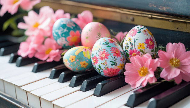 Colorful Easter eggs sit atop piano keys. Floral designs decorate eggs. Pink flowers surround eggs. Vintage piano, floral design combine. Celebration of spring, music. Happy Easter holiday concept.