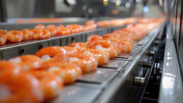 Freshly caught shrimp cascade along a conveyor belt in a bustling seafood processing facility, undergoing preparation for packaging and eventual global distribution within the food industry