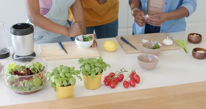 African family starting prep, muddling basil in mortar, peeling garlic at kitchen island for salad