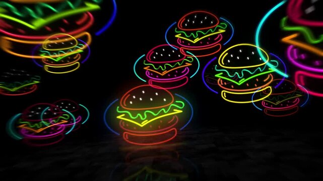 Hamburger fast food bar neon symbol. Light color bulbs. Burger restaurant abstract seamless and loopable concept. 3d flying through the tunnel animation.