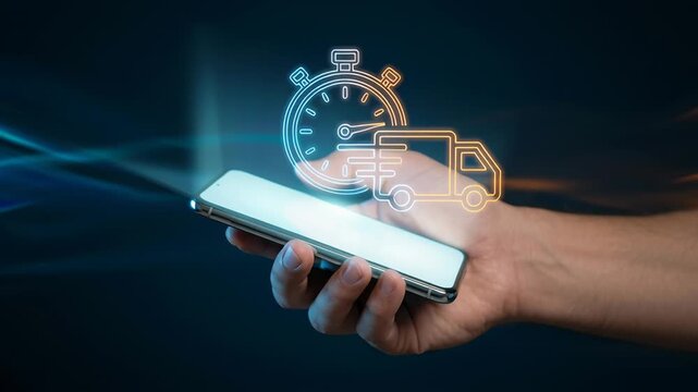 Digital shopping cart ecommerce marketing logistics online retail services customer concept with smartphone screen showing delivery and marketing solutions