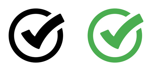 Checkmark icon. Circle tick approved symbol with black and green color