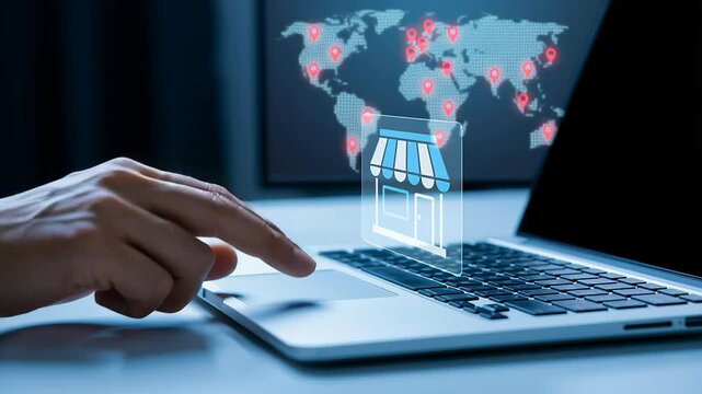 Digital marketing online shopping services connect retail logistics ecommerce platforms with customer interaction, shopping cart icon, laptop screen hand pointing keyboard world map location