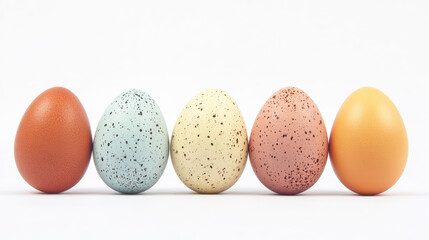 Obraz premium Five speckled eggs of different colors arranged in a row
