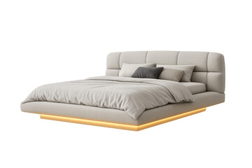 Fototapeta premium Floating platform bed with upholstered headboard and led lighting