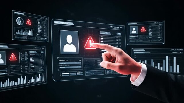 A businessman in a black suit touches a futuristic screen displaying warning symbols and data analytics charts on a dark background.