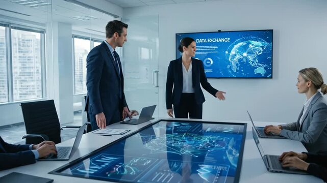 Business partners shaking hands in a modern corporate office meeting room, finalizing a successful data exchange deal with technology illustrations on the interactive desk and wall screen