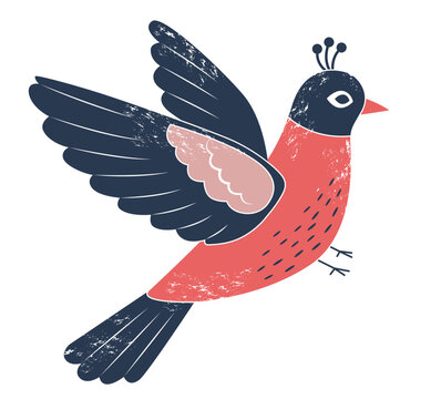 Traditional folk bird illustration. Stylized songbird, lark. Hand drawn bird with texture.