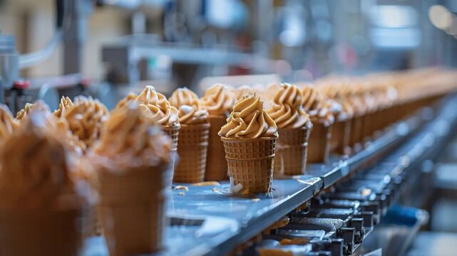 In a bustling dessert factory, freshly manufactured ice cream cones glide along a conveyor belt, awaiting packaging. Soft serve swirls indicate mass manufacture, destined for widespread distribution