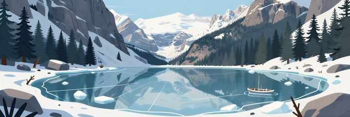 Quiet snow scene in mountain forest in winter