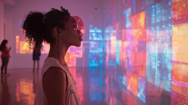 In a cutting-edge modern gallery, a visitor immersed in contemporary digital art installations dons VR headsets as part of an interactive evening experience