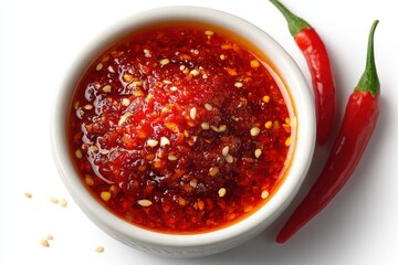 Fiery Chili Sauce: A close-up shot of a small bowl filled with a vibrant, flavorful chili sauce, accompanied by two vibrant red chili peppers, offering a visual feast of colors, textures, and tastes.
