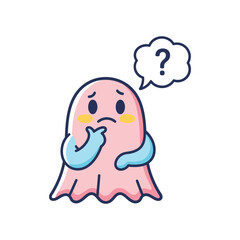 Fototapeta premium Thinking ghost character in cartoon style with puzzled expression in soft pastel colors on white background for digital illustration