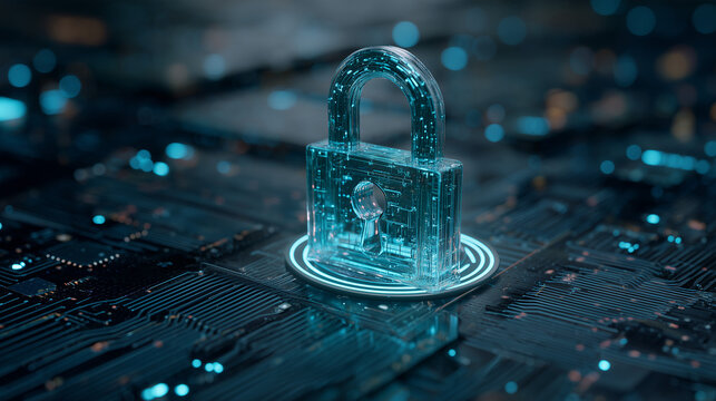 Digital Padlock on Circuit Board &ndash; Cyber Security, Data Protection, Network Security and Encryption Technology Concept