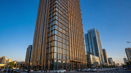 Obraz premium A sleek modern skyscraper stands tall in a bustling urban cityscape with a clear blue sky