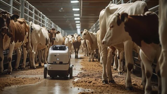 In a modern barn, a robotic milking system efficiently milks dairy cows, prioritizing livestock wellbeing and farm productivity through advanced automation technology