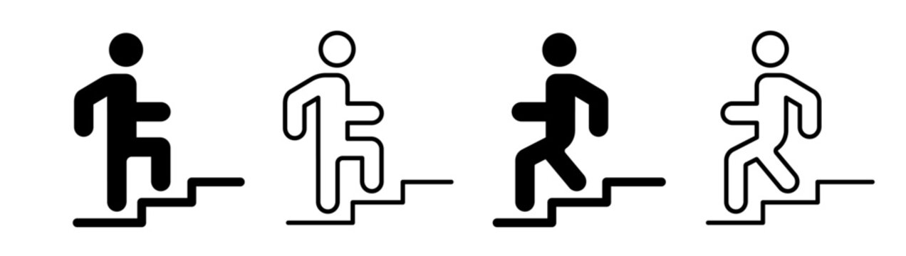 Stairs vector icon set. Man on the stairs icon. Man climbing and descending stairs icon. Walking up and down staircase or stairs sign.