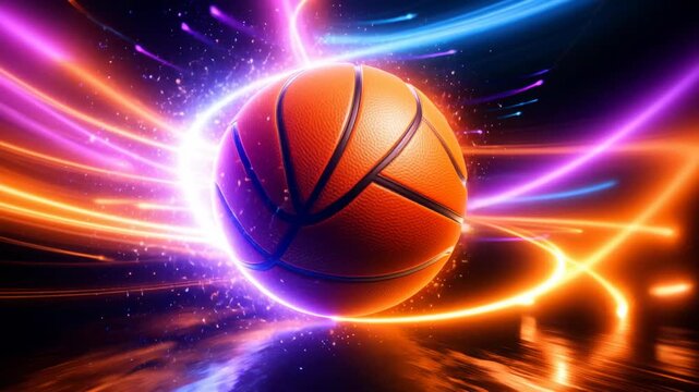 Glowing basketball with dynamic neon light trails in vibrant motion on a dark reflective surface for sports concept