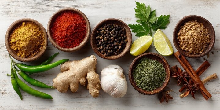 A Culinary Journey: An array of colorful spices and fresh herbs, artfully arranged in wooden bowls, offering a sensory exploration of flavors and aromas, ready to elevate any culinary creation.