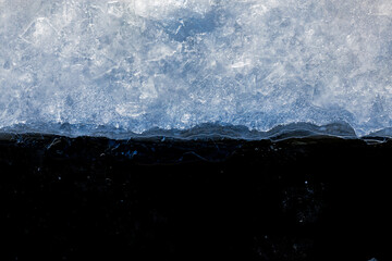 Ice edge on the river water in the winter.