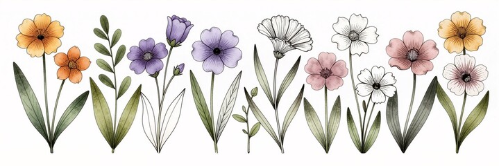Hand drawn cartoon flowers material