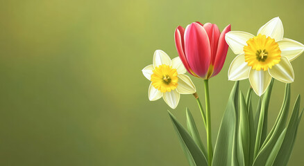 Obraz premium Floral spring background with tulip and daffodil, perfect for greeting cards, invitations and