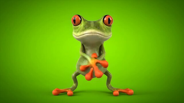 Funny 3D Animated Frog Character Waving and Standing on Green Background.