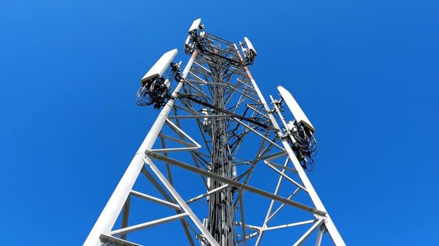 A close-up view of a cellular tower with multiple antennas against a vibrant, clear blue sky. The metal structure is detailed, showing the technology used for wireless communication.