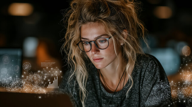 Female entrepreneur typing on laptop with floating data charts and neural network visualization, clean corporate office, realistic lighting, AI automation concept