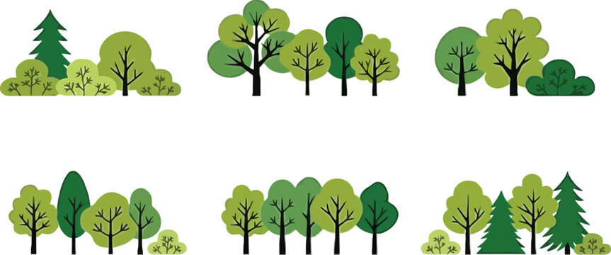 Stylized flat design illustrations of diverse green trees and bushes, creating natural woodland scenes for various applications.