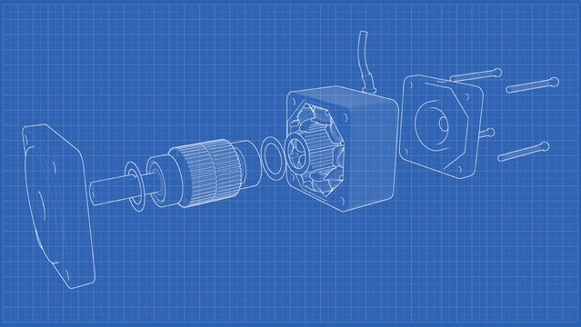 AC Servo Motor for CNC - Exploded View - Darwing. 3D rendering isolated on blue background. 3D Mesh, Sketch, Vector style. Ideal for educational, engineering, and industrial design.