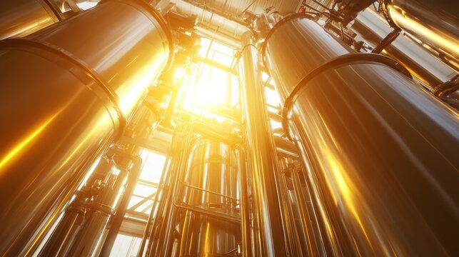 A towering industrial biogas digester unit with its metallic surfaces gleaming brilliantly, featuring intricately connected pipelines under the intense, bright sunlight.