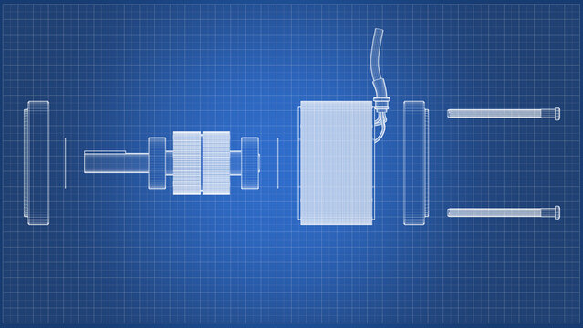 AC Servo Motor for CNC - Exploded View - Darwing. 3D rendering isolated on blue background. 3D Mesh, Sketch, Vector style. Ideal for educational, engineering, and industrial design.