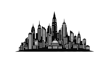 Obraz premium Vector illustration&nbsp;of black and white silhouette skyline of a modern city with skyscrapers and a central dome building, on a transparent background
