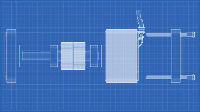 AC Servo Motor for CNC - Exploded View - Darwing. 3D rendering isolated on blue background. 3D Mesh, Sketch, Vector style. Ideal for educational, engineering, and industrial design.