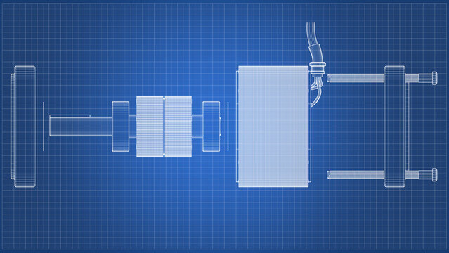 AC Servo Motor for CNC - Exploded View - Darwing. 3D rendering isolated on blue background. 3D Mesh, Sketch, Vector style. Ideal for educational, engineering, and industrial design.
