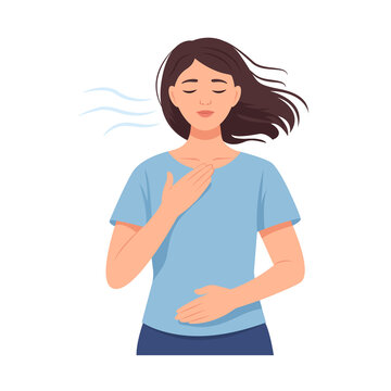 Calm woman doing breathing exercise. Mindfulness, relaxation, mental health and self-care concept. Flat vector illustration