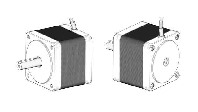 AC Brushless Servo Motor for CNC- Darwing. 3D rendering isolated on white background. 3D Mesh, Sketch, Vector style. Ideal for educational, engineering, and industrial design.